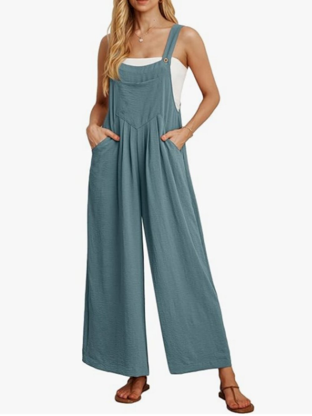 Boho Wide Leg Jumpsuit Overalls Casual Loose Rompers Blue Green Medium
